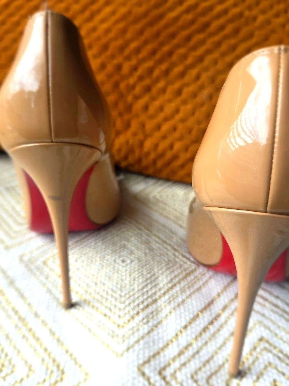 Christian Louboutin Beige Patent Leather Pointed Toe Pumps with Red Soles